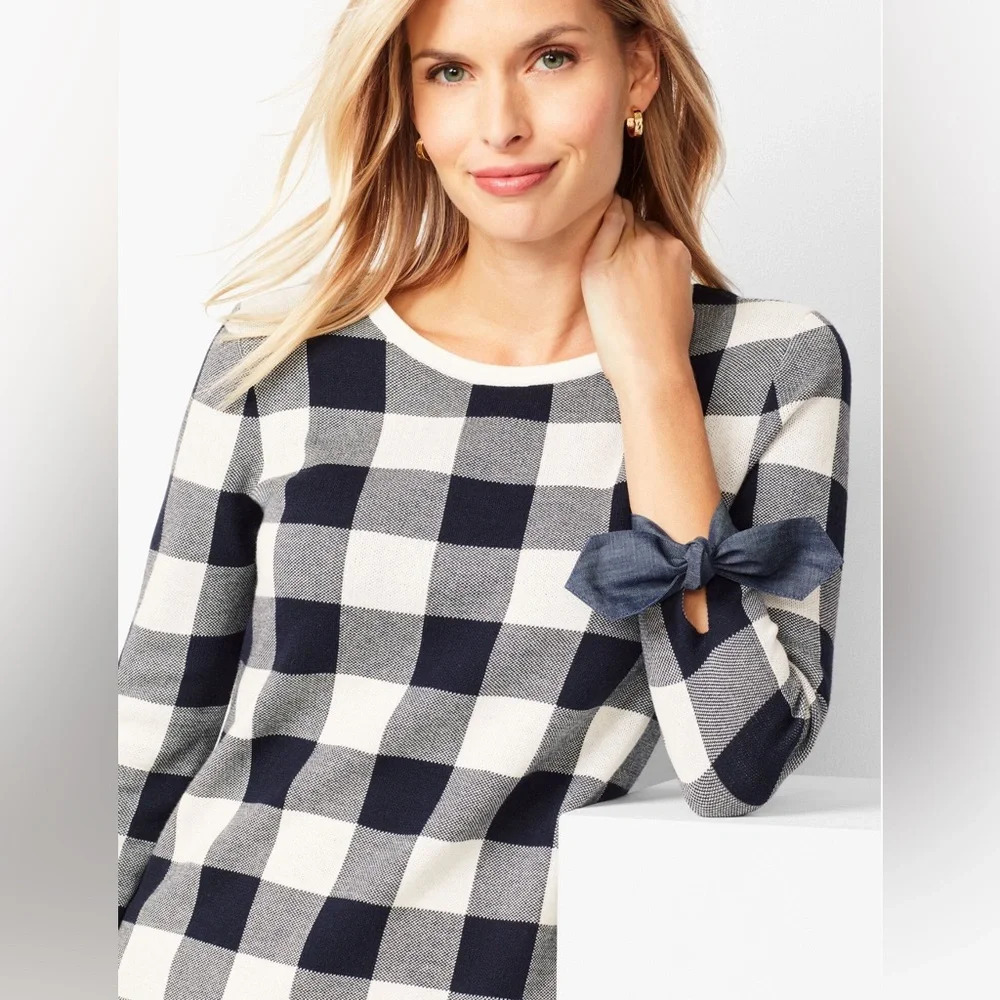 EUC Old Money Talbots Checked Sweater 3/4 sleeve with bows Med Preppy MUST - Picture 3 of 8